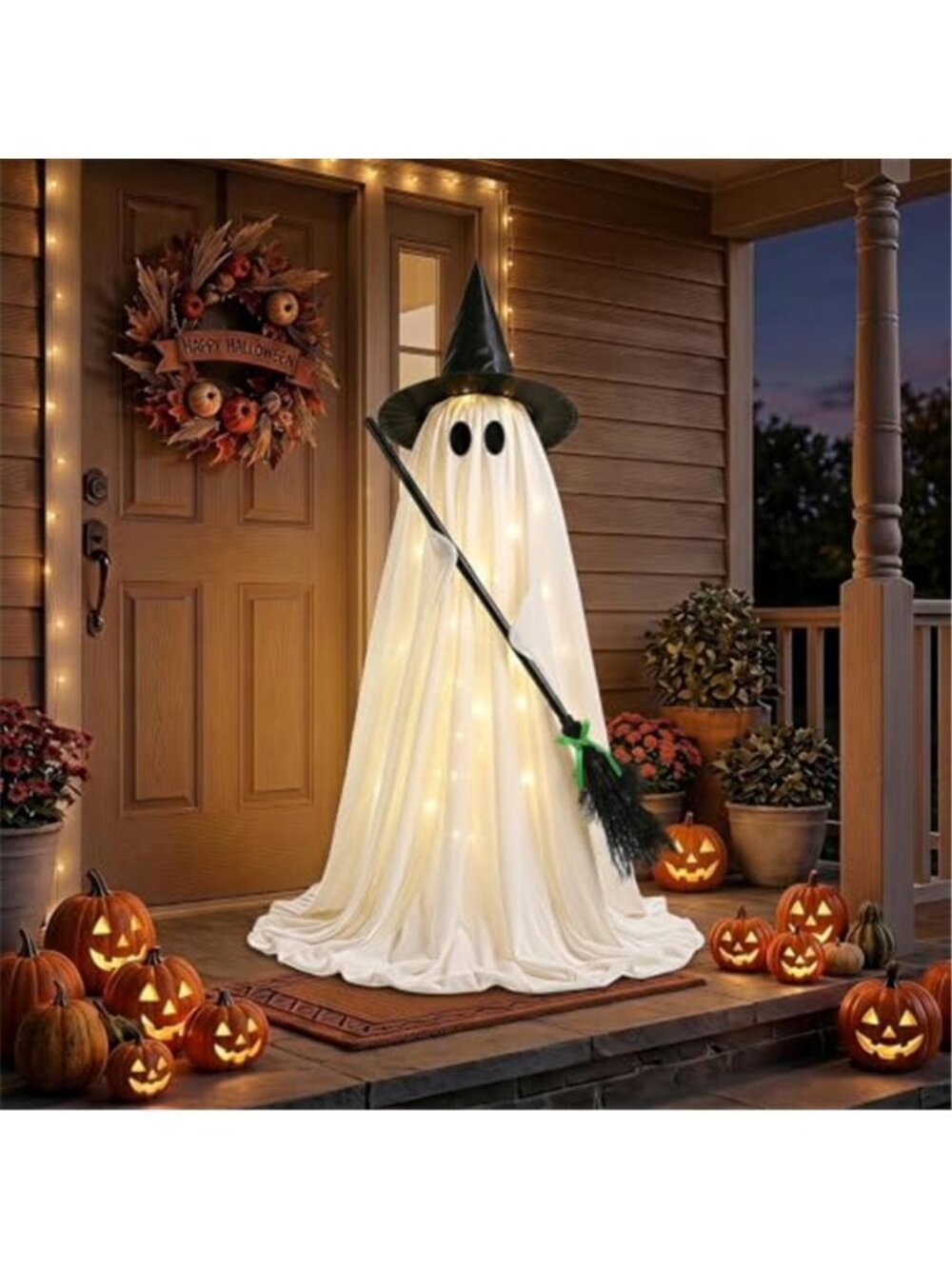 Halloween Decorations Outdoor Lighted Ghost, Witch Hat Broom Yard Decor